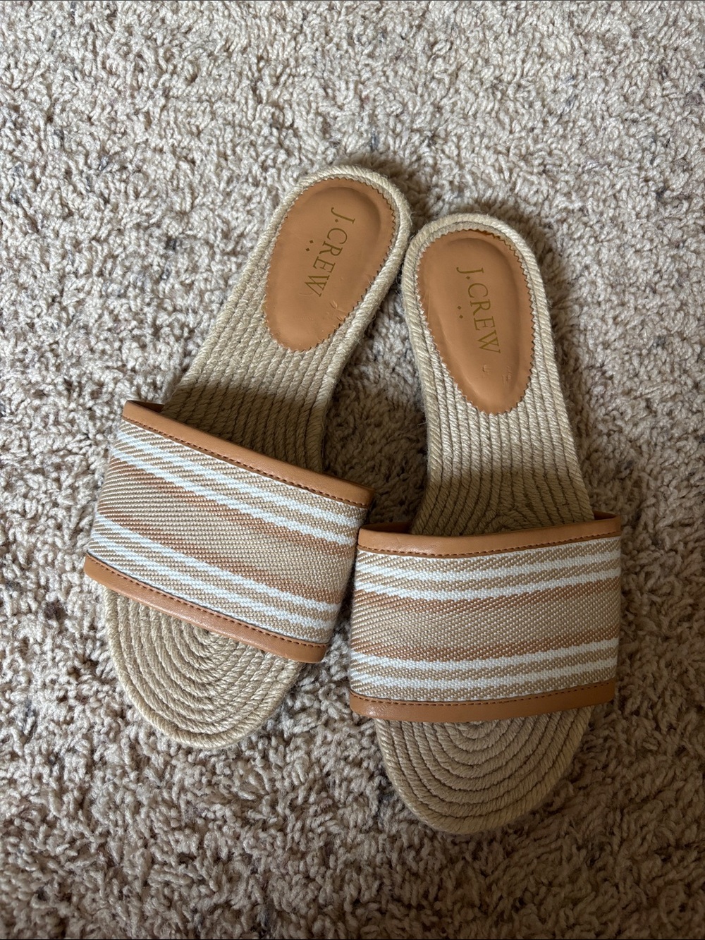 J. Crew Tan and White Striped Slide Sandals